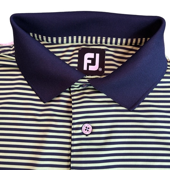 FootJoy FJ Lime Green Navy Striped Performance Golf Polo SZ Medium - Picture 2 of 5
